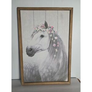 Farmhouse Horse Floral Crown Wall Art Canvas Framed Rustic Decor